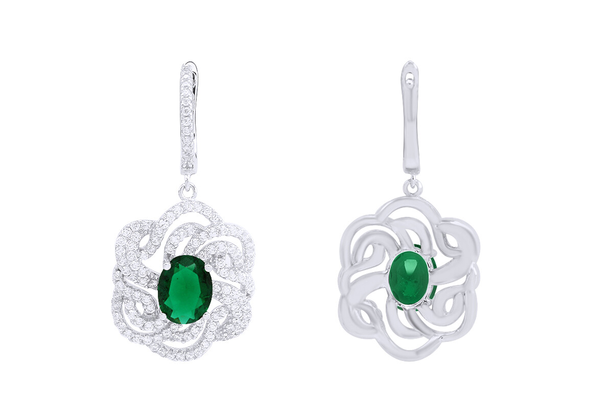Emerald & CZ Flower Pendant Earrings Ring Set 14K White Gold Plated Silver