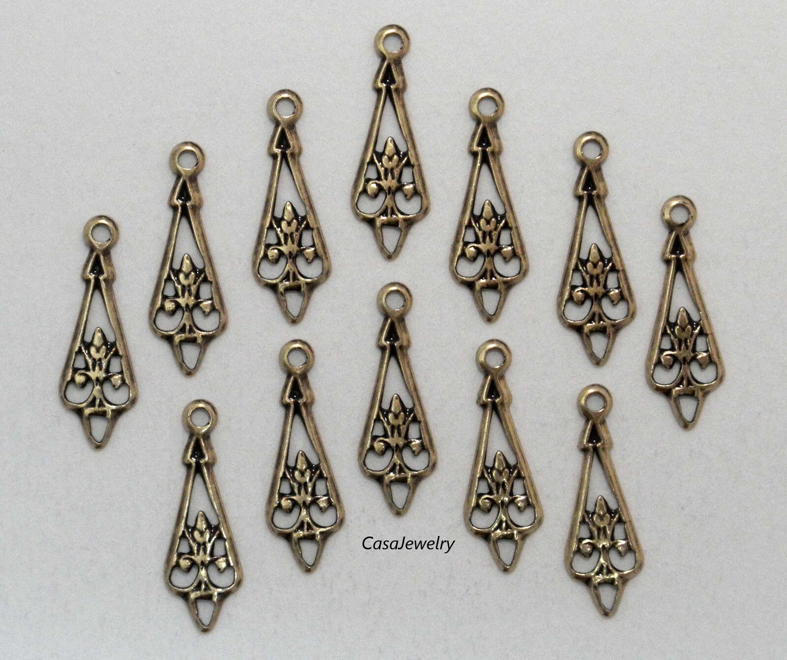 #3415 ANTIQUED GOLD OPEN FILIGREE TEARDROP W/TOP HANG RING – 12 Pc Lot