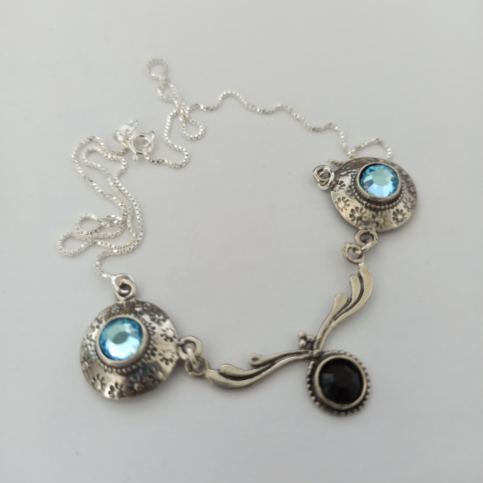 Vintage Silver Necklace Ligh Blue Black Bib Art Deco Sterling 925 Artisan Unique