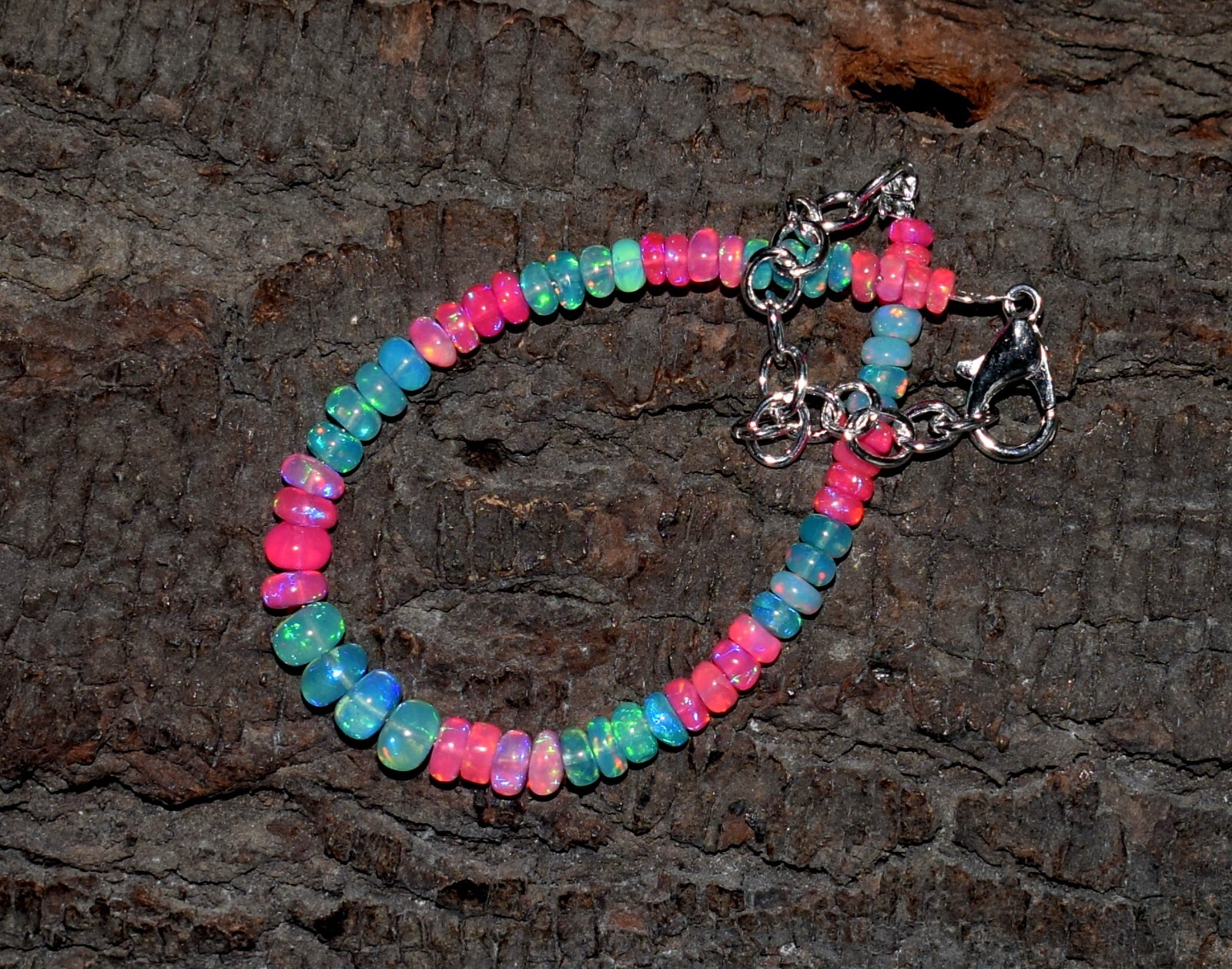 Solid 925 Sterling Silver Natural Ethiopian Opal Gemstone Beads 7″Bracelet N0266