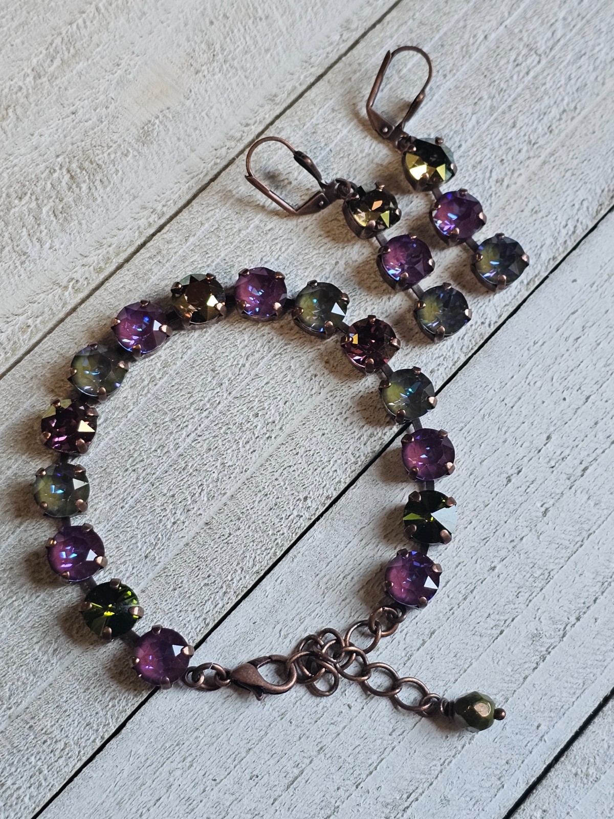 B1-9 Olive Purple Copper Drop Earrings Matching Cup Chain Bracelet Set
