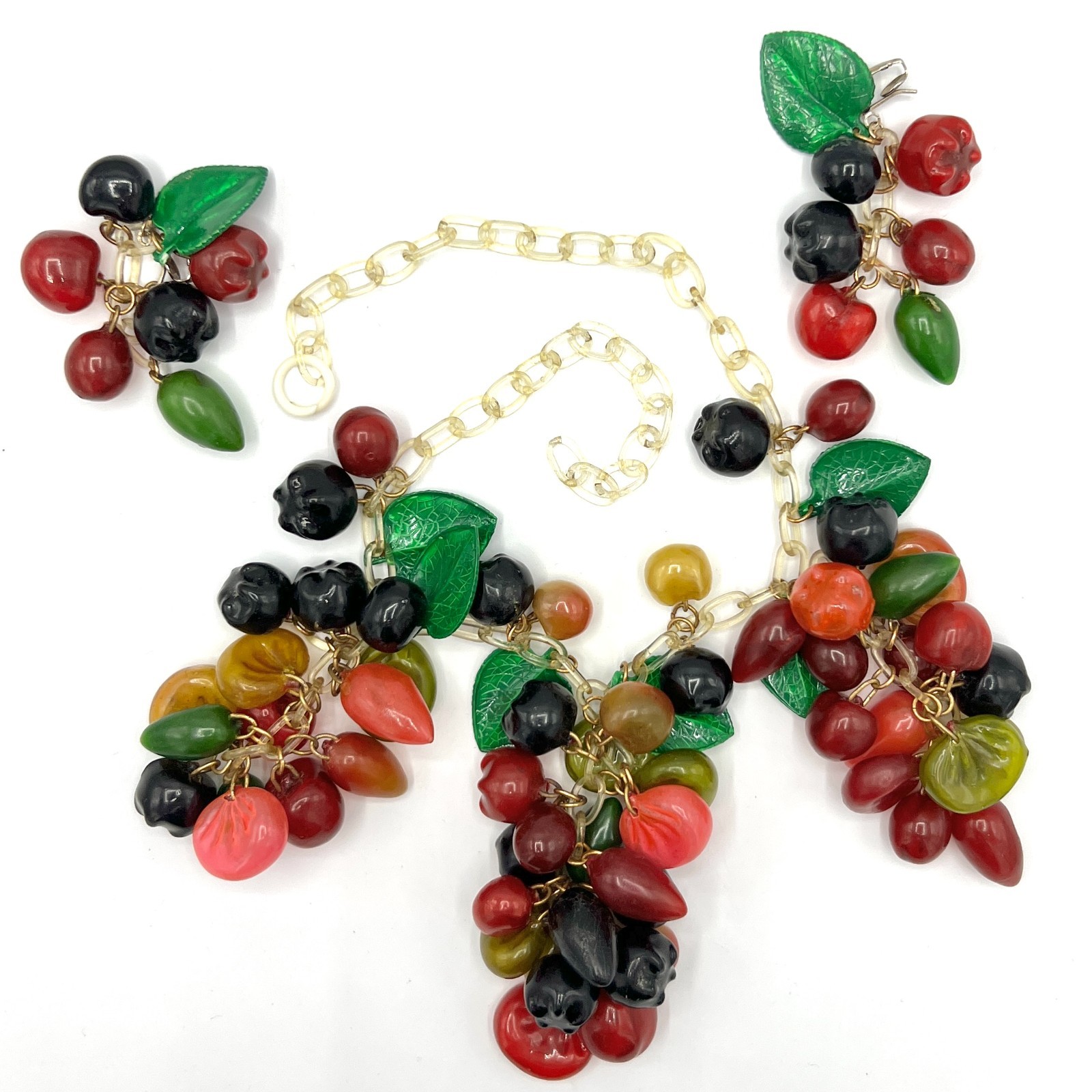 Anka Celluloid Mixed Fruit Necklace & Earring Set Vintage Stock 1920s Fruit