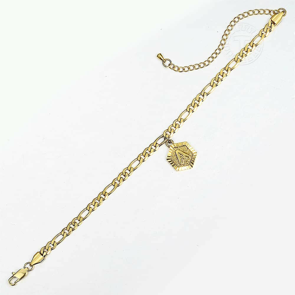 5mm Figaro Hexagon Initial Letter Charm Anklet Bracelet Gold Plated Foot chain