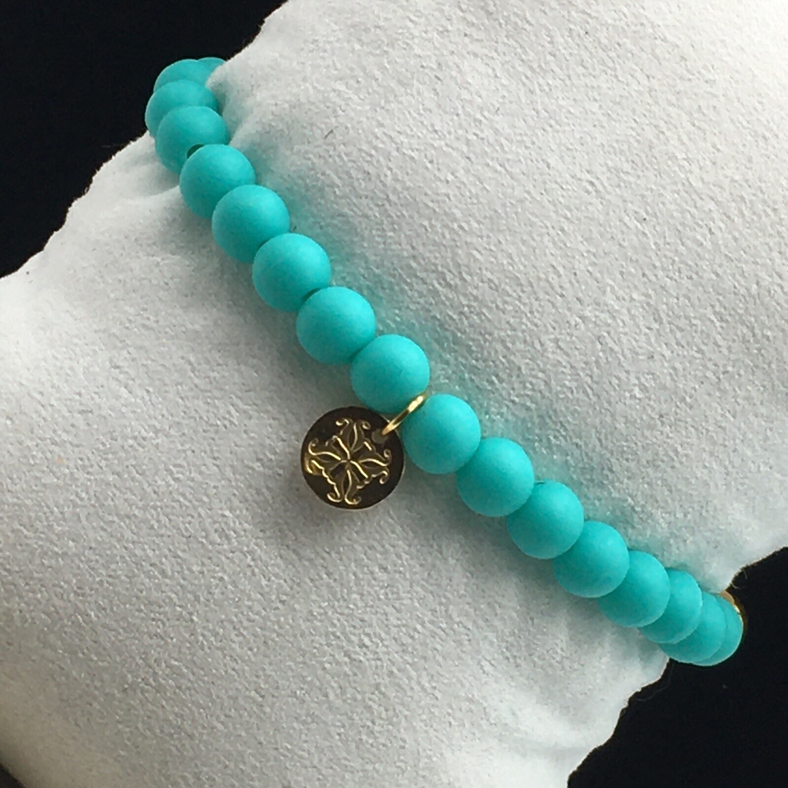 Rustic Cuff Mini Melanie Gold Tone Bracelet Teal Silicone Beaded Charm Logo