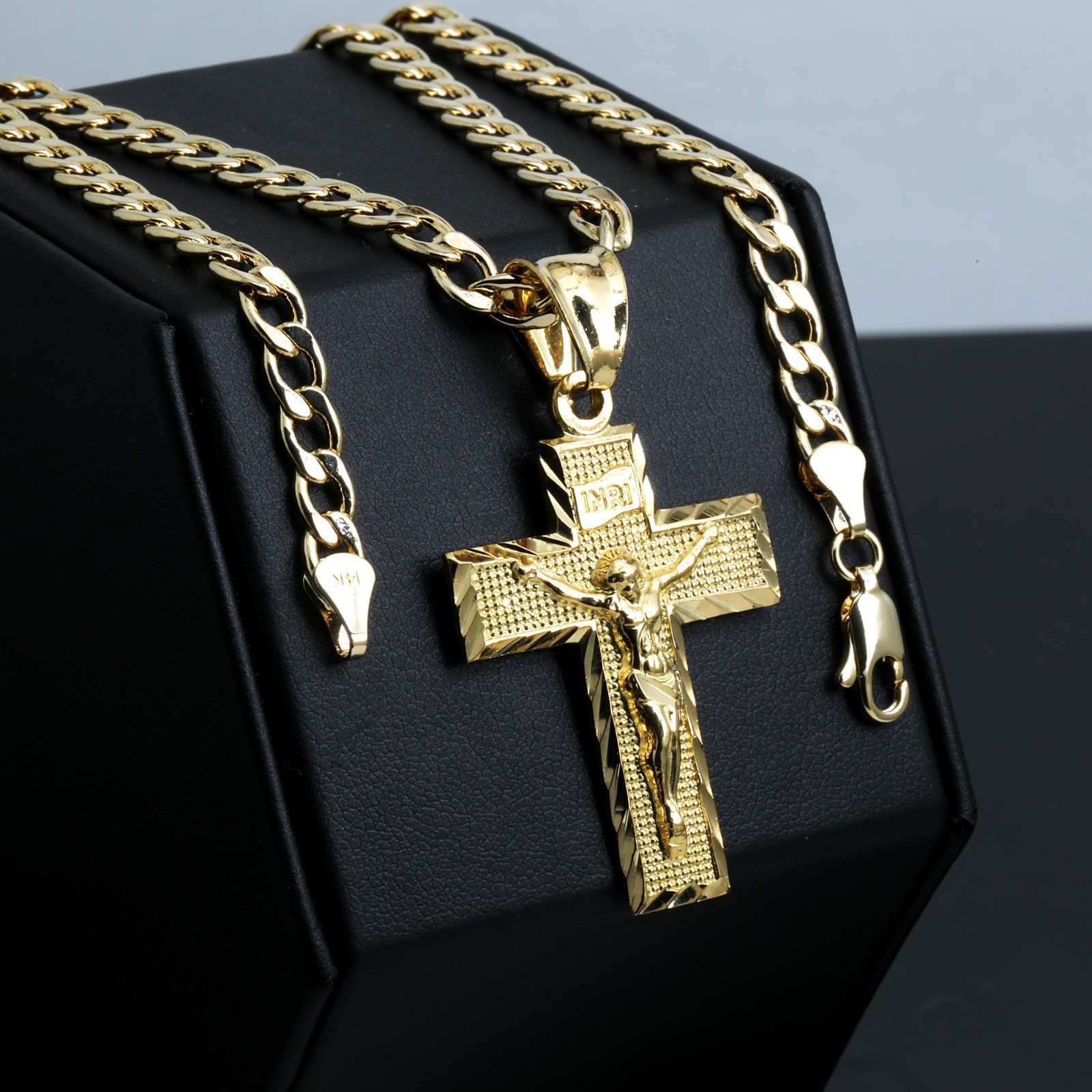 INRI Jesus Cross Charm Pendant 14k Gold Plated Brass 5mm 20″ Cuban Choker Chain