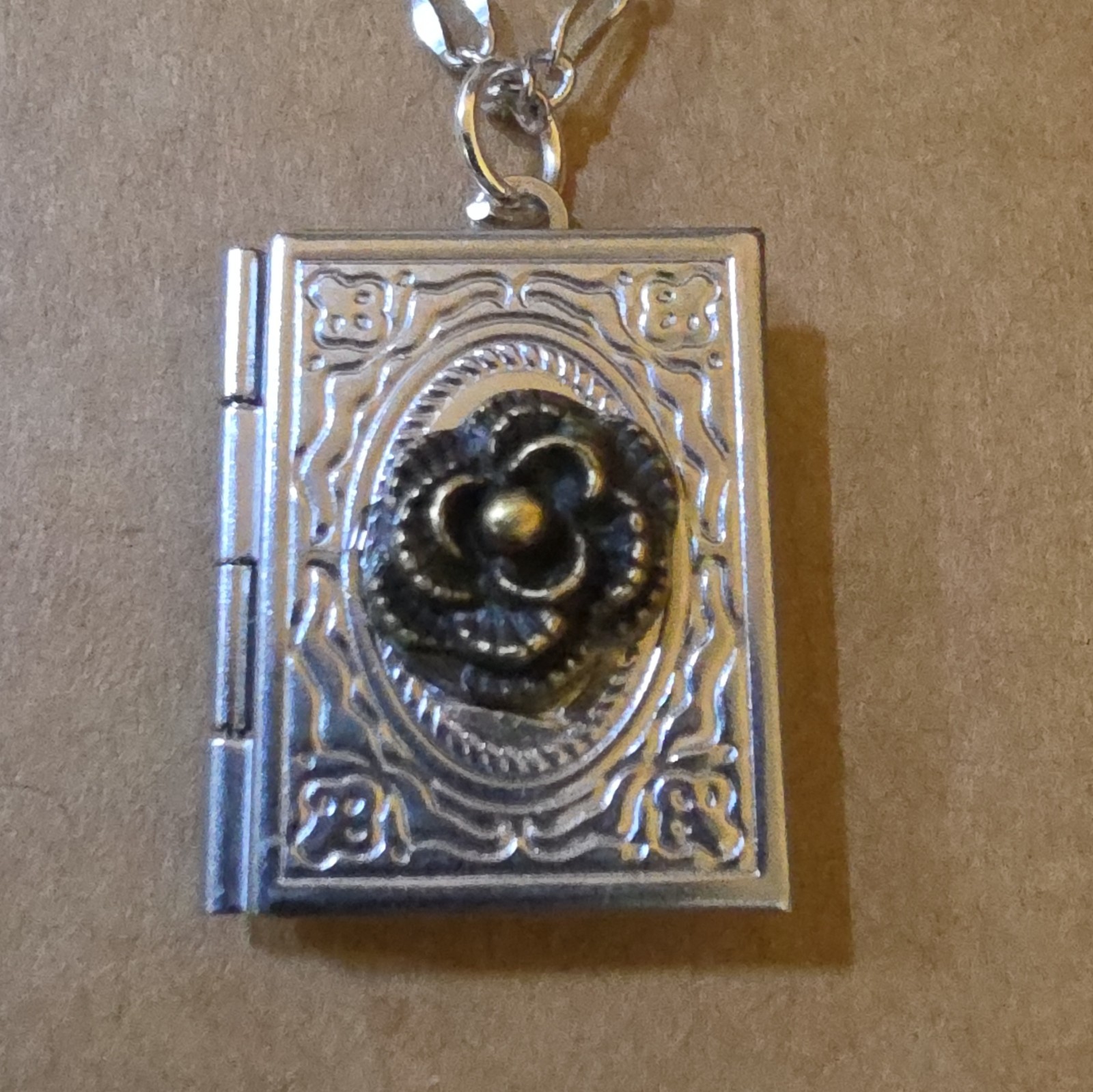 Silver Tone Rectangle Photo Locket Pendant Necklace, Floral Front, Figaro Chain