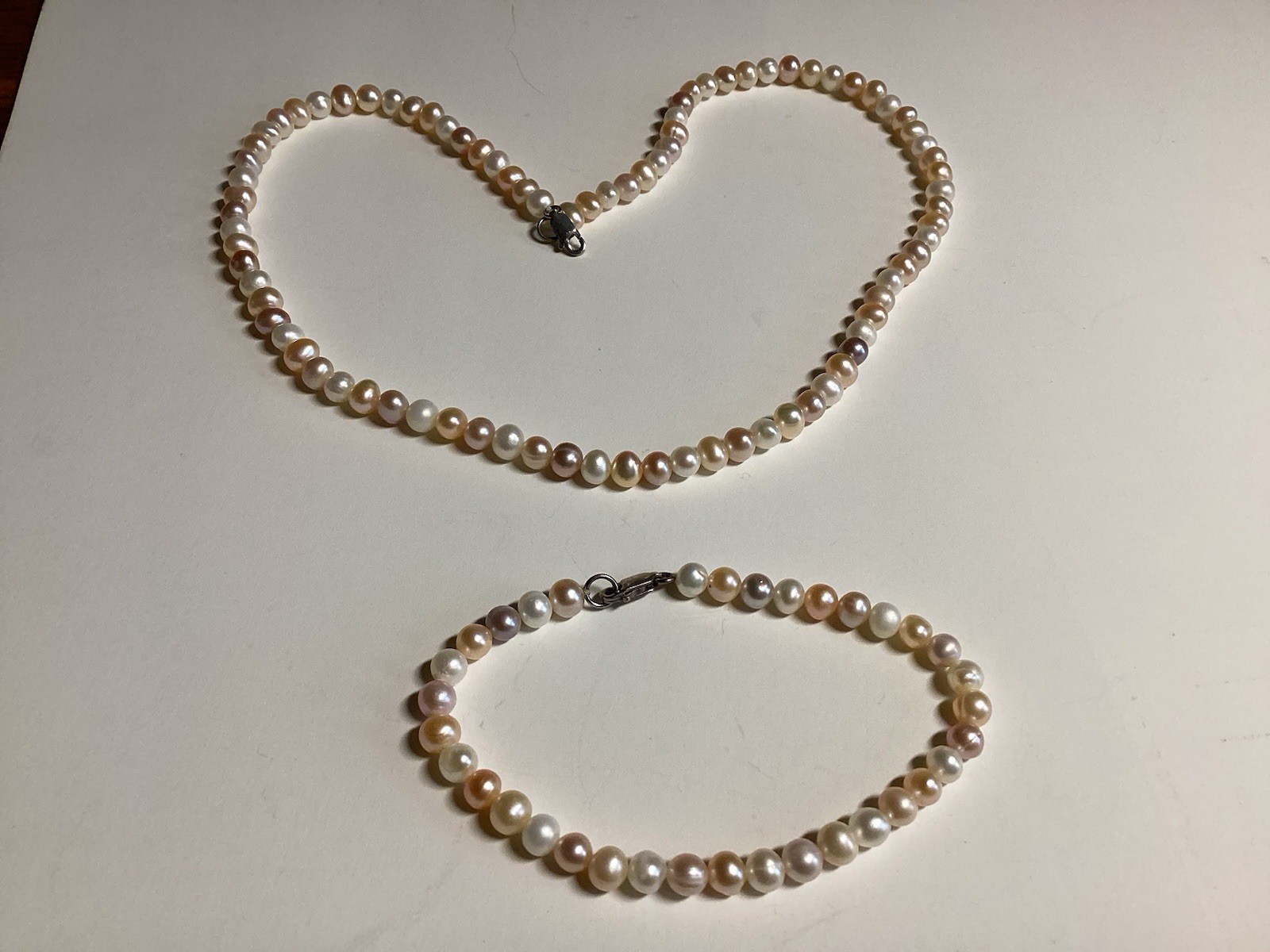 2 Pc Multicolor Beige, Peach & White Necklace & Bracelet Set 925 Clasp Free Ship