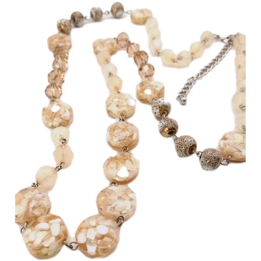 Mother Of Pearl Shell Flat Bead Crystal Necklace Silver Tone 32 to 35 in