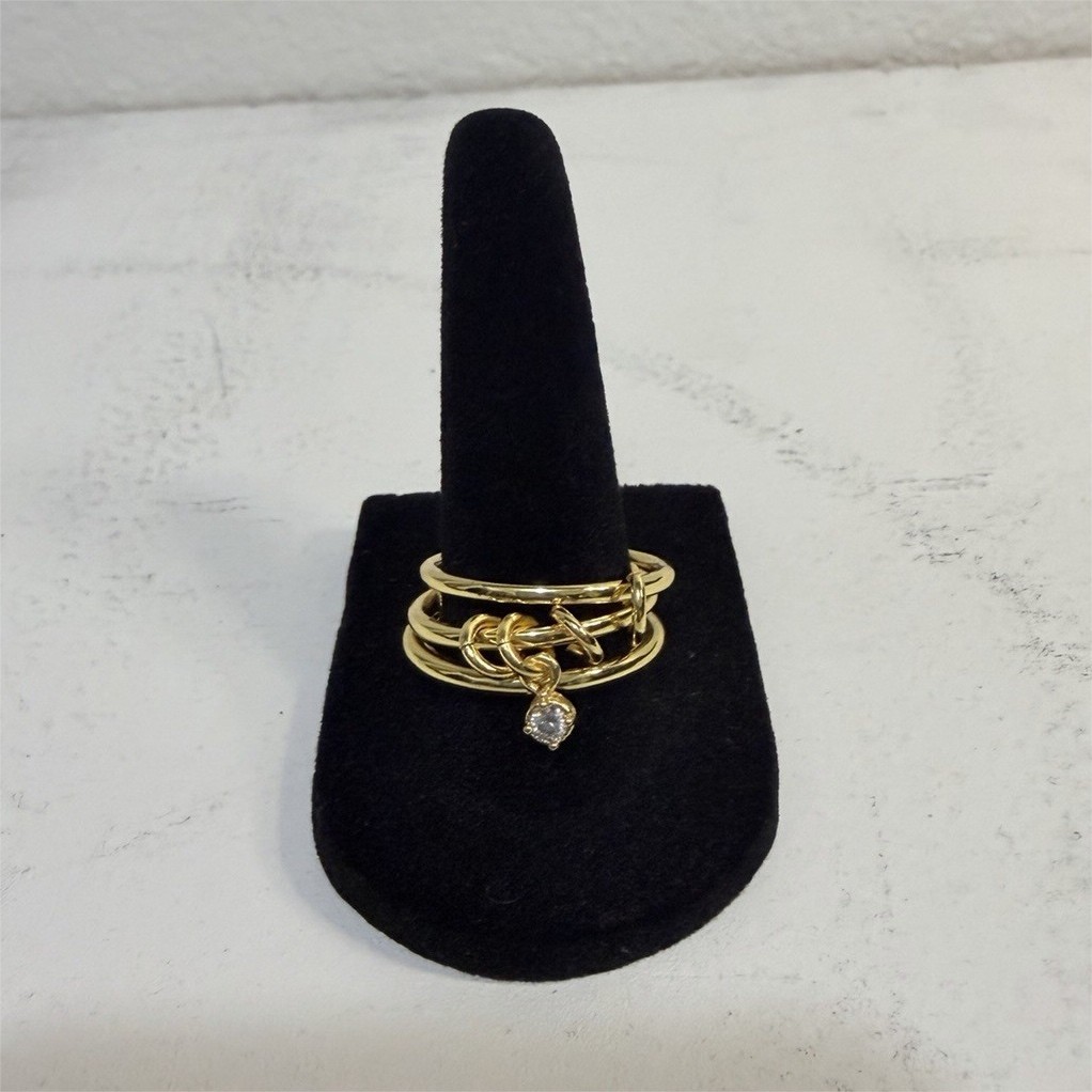Gold Tone Multi-Band Ring Clear White/Colorless Stone Accent Sz 9
