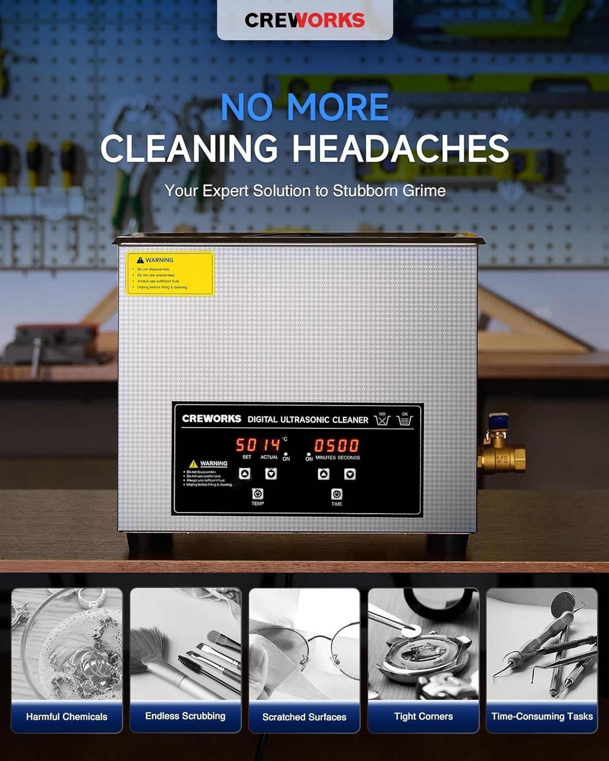 CREWORKS 10L Digital Ultrasonic Cleaning Machine with Heater & Timer,