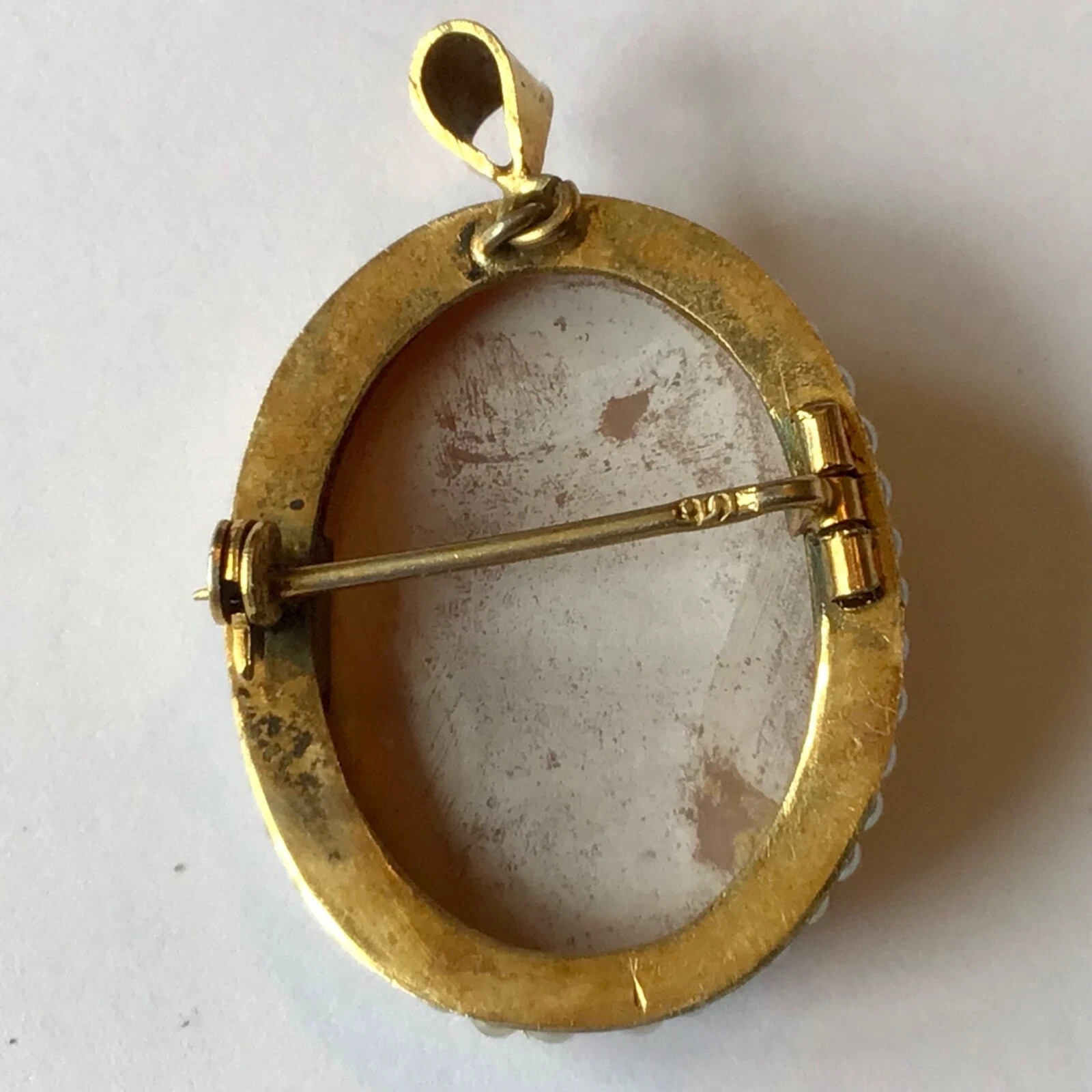 VINTAGE ART DECO GOLD FILLED SHELL CAMEO AND PEARL BROOCH PENDANT W5