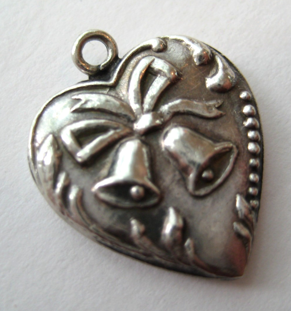 VINTAGE Sterling CELEBRATION BELL~WEDDING~CHRISTMAS Heart Silver Bracelet Charm