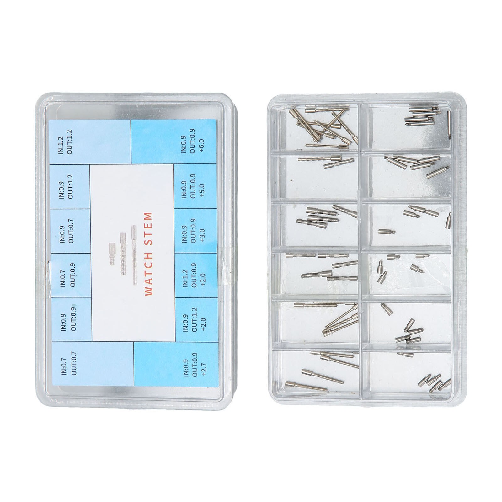 60Pcs 0.7mm-0.9mm Stainless Steel Watch Winding Stem Extender Assortment Box