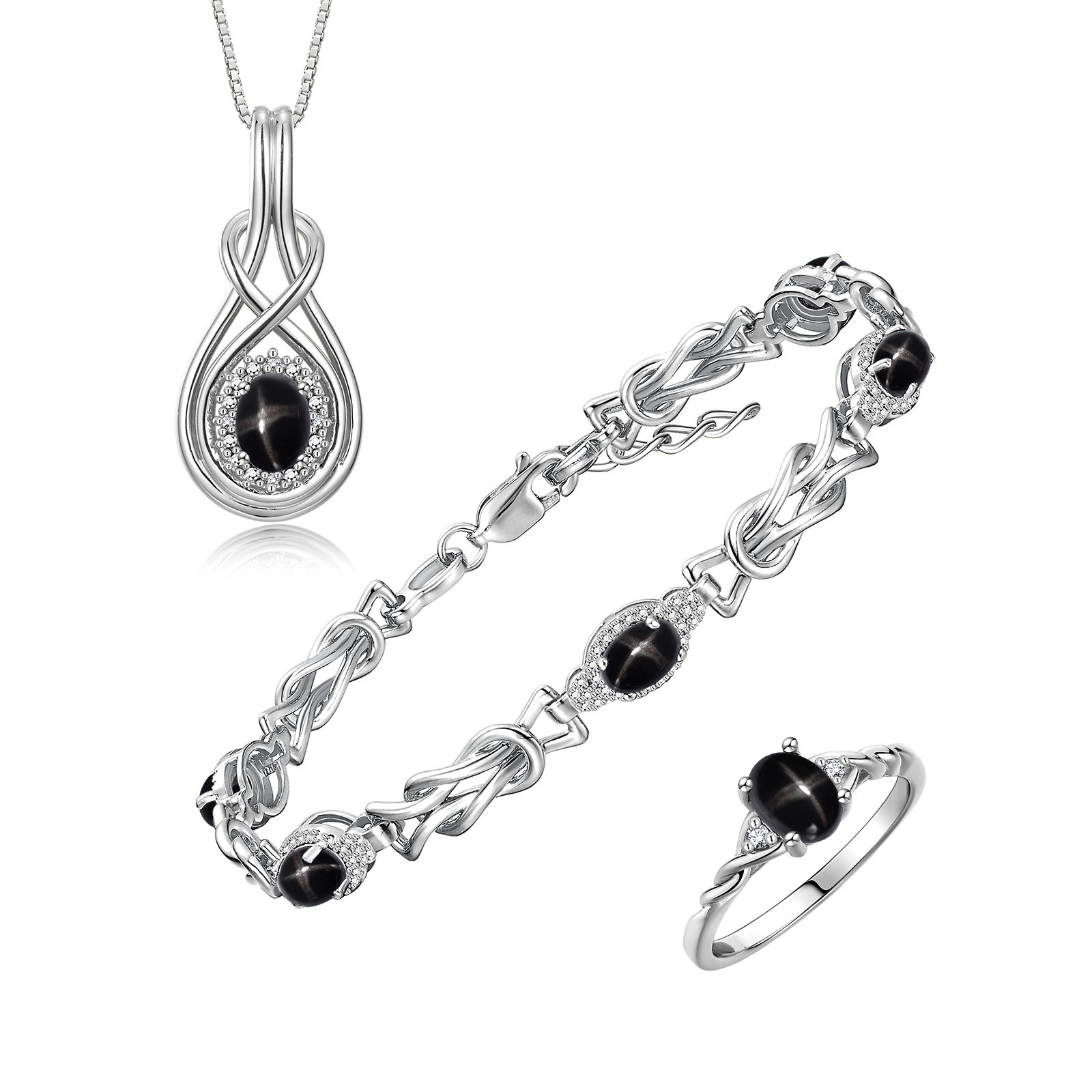 Rylos Sterling Silver Black Star Sapphire & Diamond Love Knot Set Sz 5-10