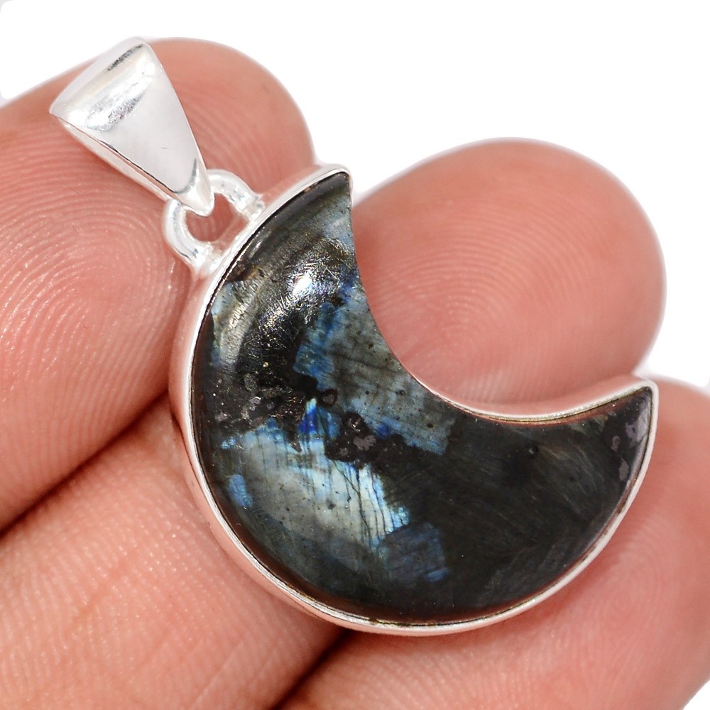 Moon – Natural Larvikite Black Moonstone – Norway 925 Silver Pendants CP75463