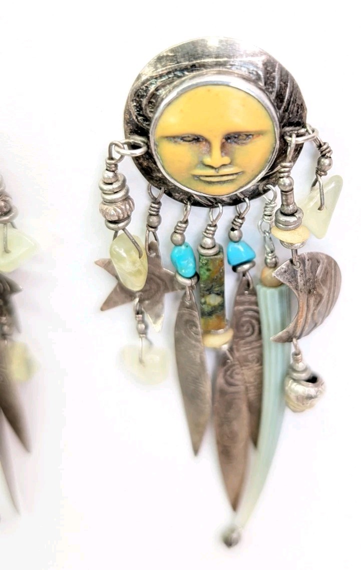 Vintage Tabra Moon Face Dangle Earrings Celestial Charms Sterling Silver 3.75 In