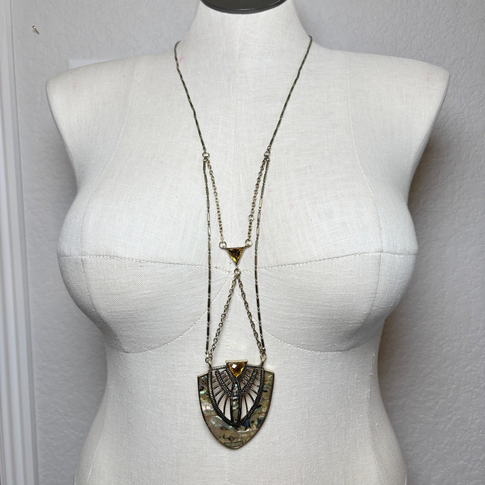 Art Deco Statement Long Necklace 32in Gold Abalone Shield Pendant Geometric