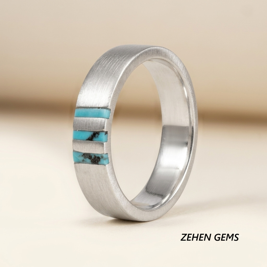 Lab created Men’s 925 Sterling Silver Turquoise Inlay Band Ring Wedding Ring