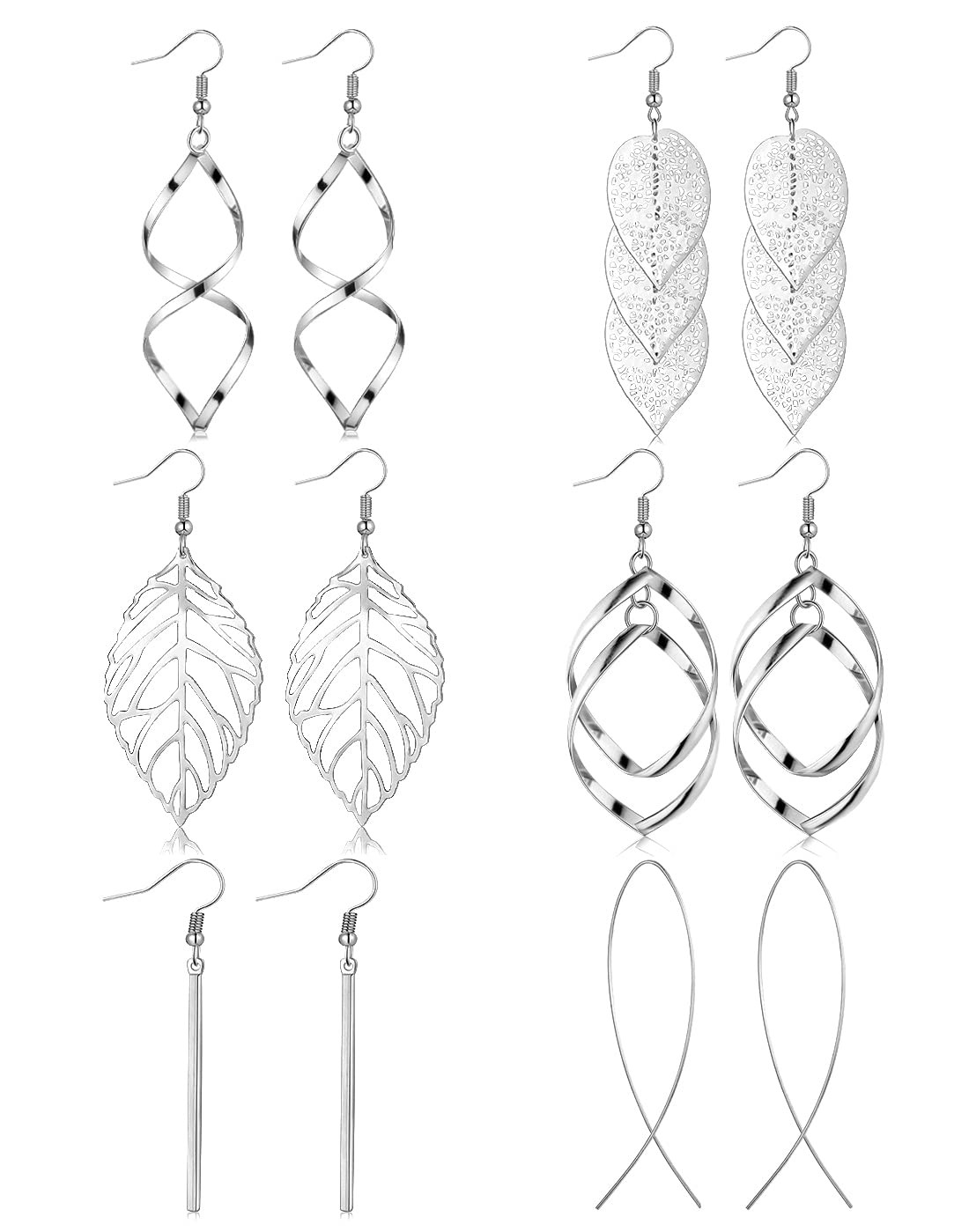 Funeia 6 Pairs Drop Dangle Earrings For Women Long Bar Double Twist Wave Curved