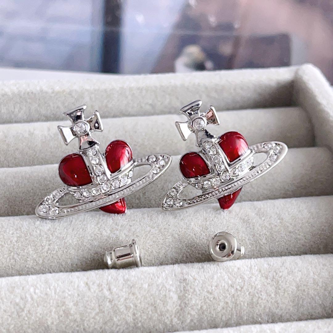 Vivienne Westwood Diamante Heart Necklace Earrings Set Red Silver NO BOX [EJ5009