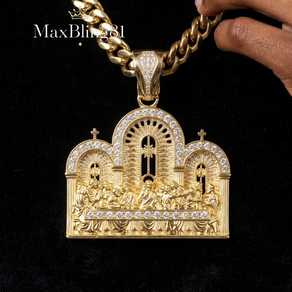 Jesus Last Supper CZ Iced Large Pendant 10mm Thick Cuban Chain Necklace Jewelry