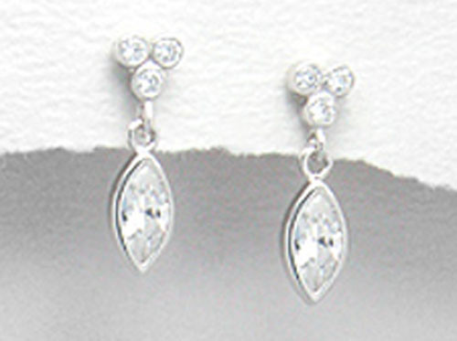 Solid Sterling Silver Marquise CZ Dangle Earrings 18mm Long X 5mm Wide 2.3g $