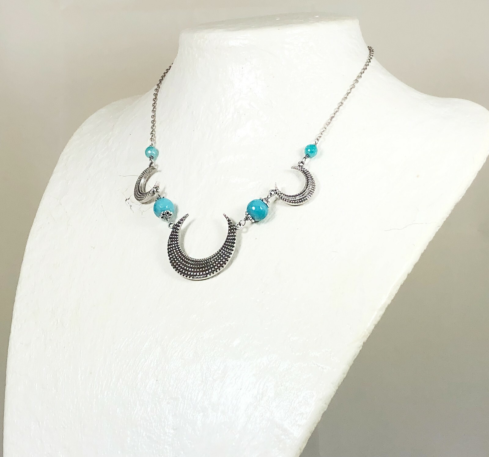 Antique Silver Half Moon Statement Necklace with Faceted Mystic Coated Turquoise