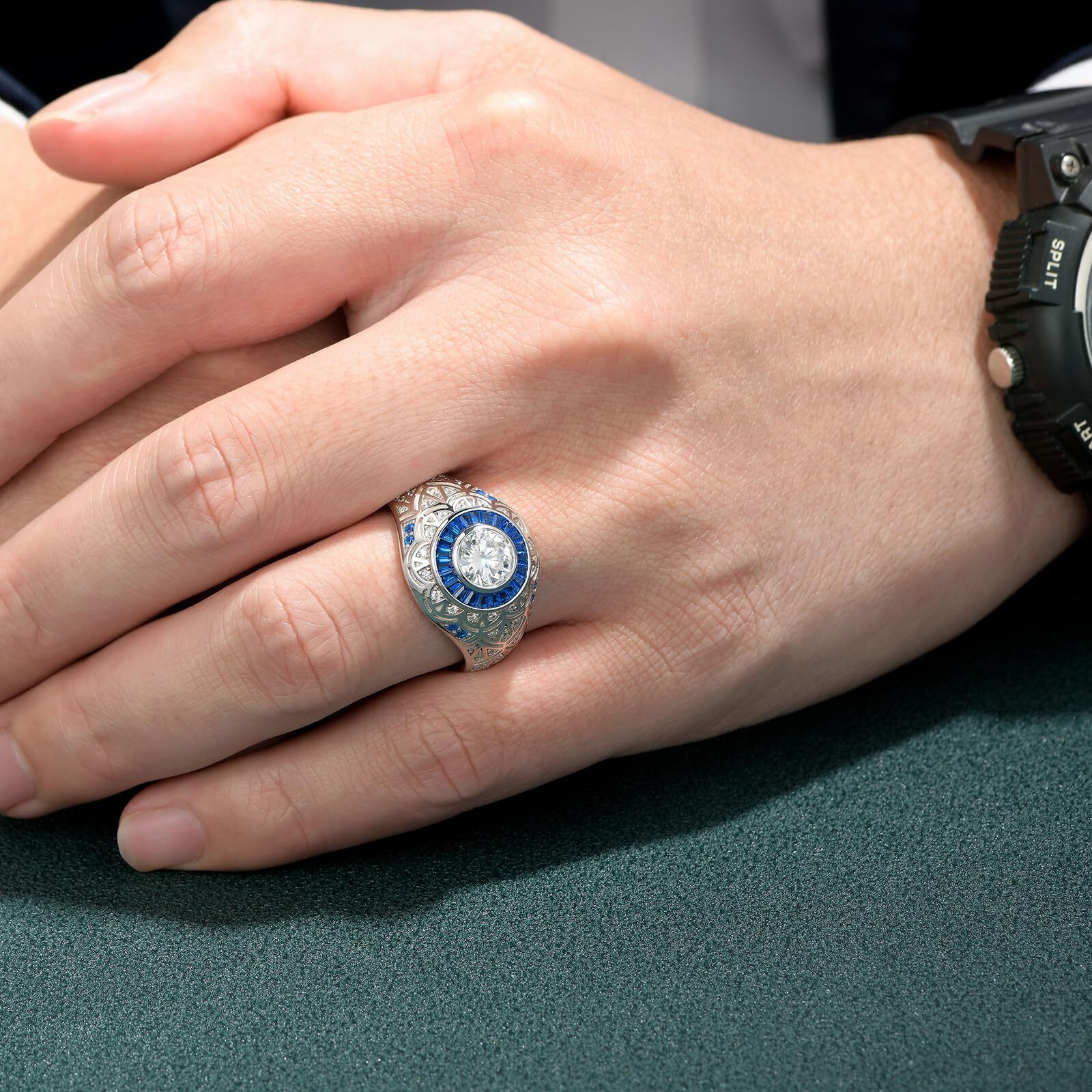 Moissanite Mens Wedding Rings Blue Sapphire 925 Sterling Silver Wedding Band