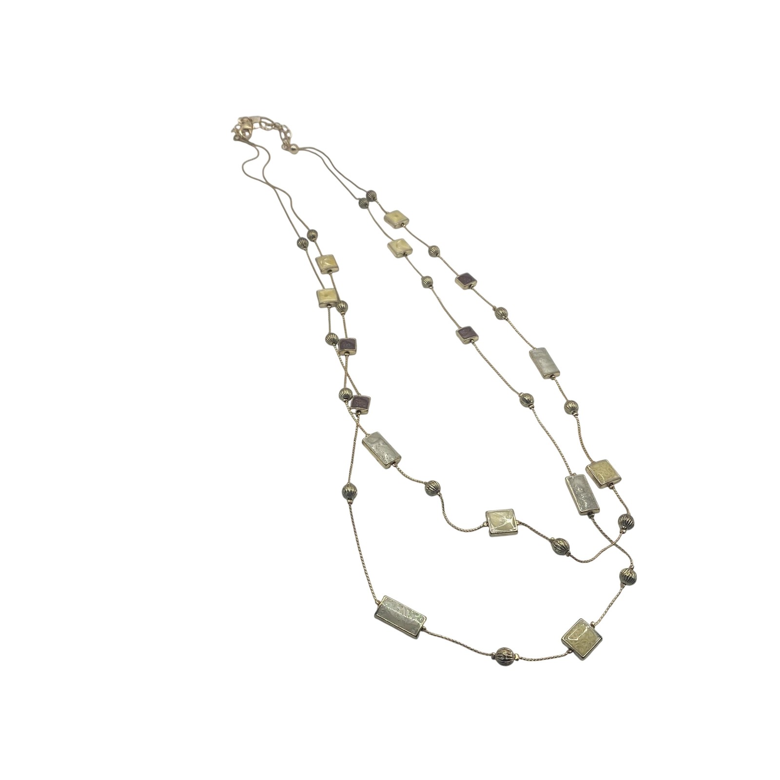 Gold Tone Cream Resin Station Necklace Layered Strand Lobster Clasp Jewelry