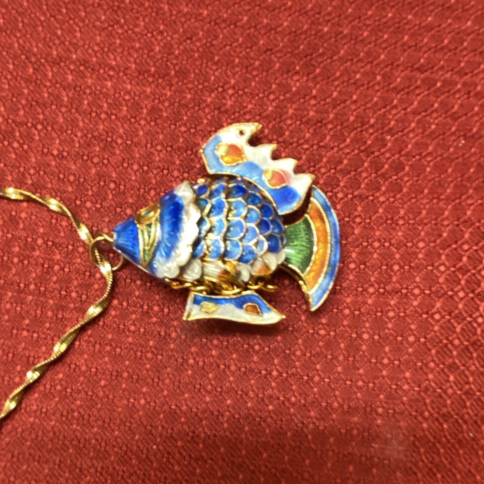 VTG Chinese Cloisonné Articulated Fish Pendant 25.5” Chain Reversible Blue