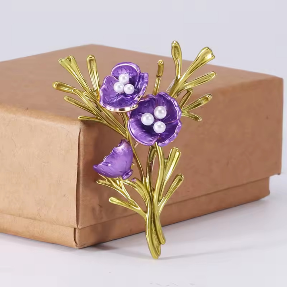 Sparkly Enamel Purple Flower Brooch Gold Plants Pin Spring Summer Jewelry Gift