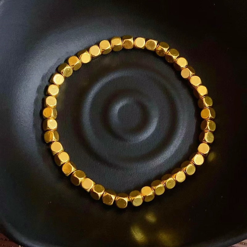 Pure 999 24K Yellow Gold Men Women Lucky 3D 4mm Square Beads Bracelet