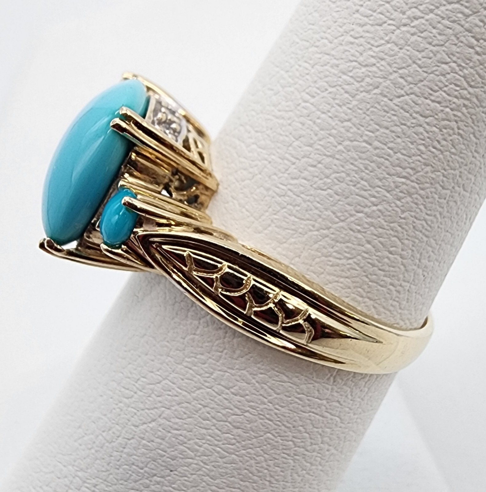 14k .585 Yellow Gold Effy Cushion Turquoise .06 ctw Diamond Sz 7 Ring Au 23231