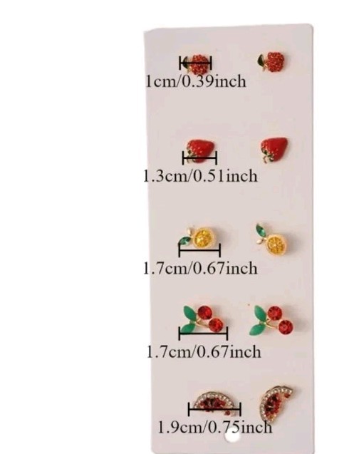 Set Of 5 Micro Mini Stud Earrings, Fruits Embellished With Rinestones. Goldtone