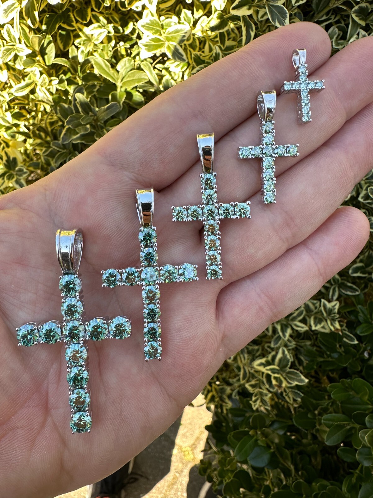 Green Blue MOISSANITE Real 925 Silver Tennis Cross Iced Pendant Necklace Hip Hop
