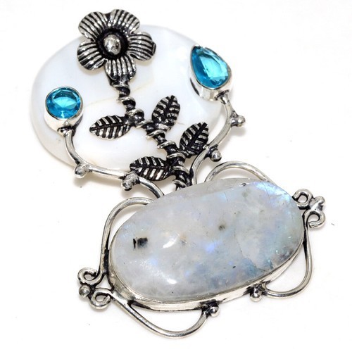 Flower Rainbow Moonstone Blue Topaz 925 Silver Plated Pendant 2.2″