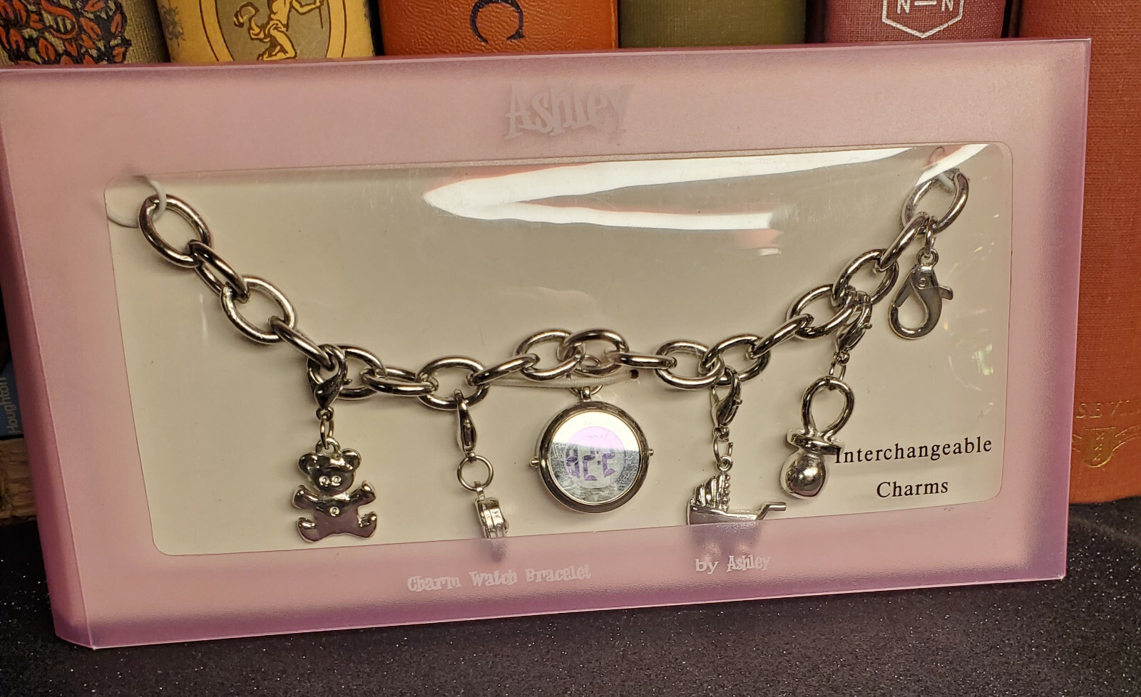 Ashley Large Silver Tone Link Charm Bracelet w/ Watch Baby Theme Shower Gift
