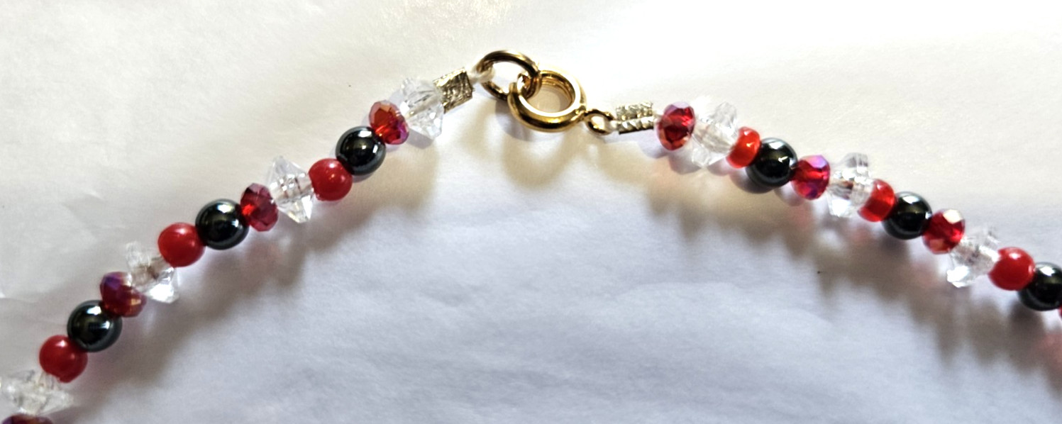 Red, Black, Crystal Beaded Anklet – with Golden PRINCESS Plaque- 10 1/2″