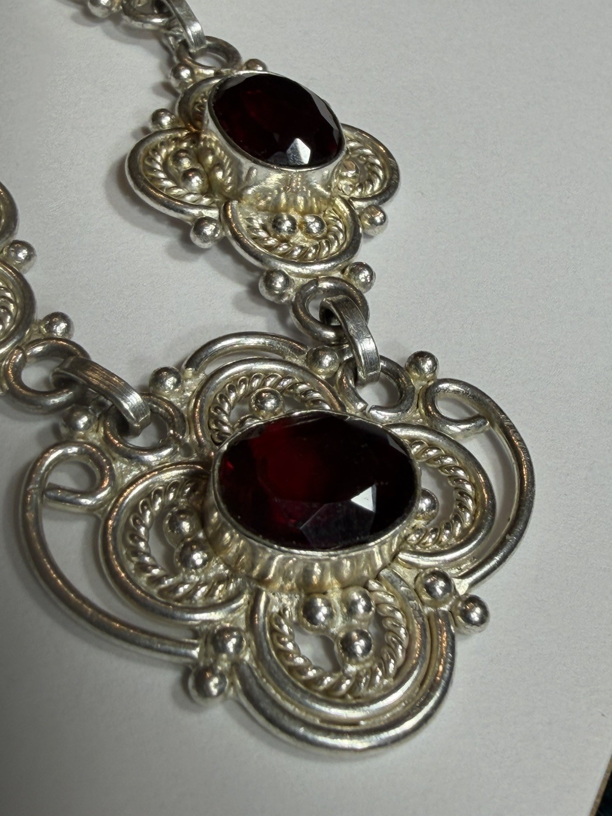 Gothic Victorian Art Deco Solid Silver Garnet Handmade Panel Necklace