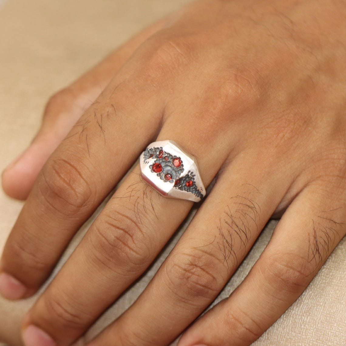 Natural Garnet Sterling Silver Signet Ring, Distressed Mens Jewelry For Father