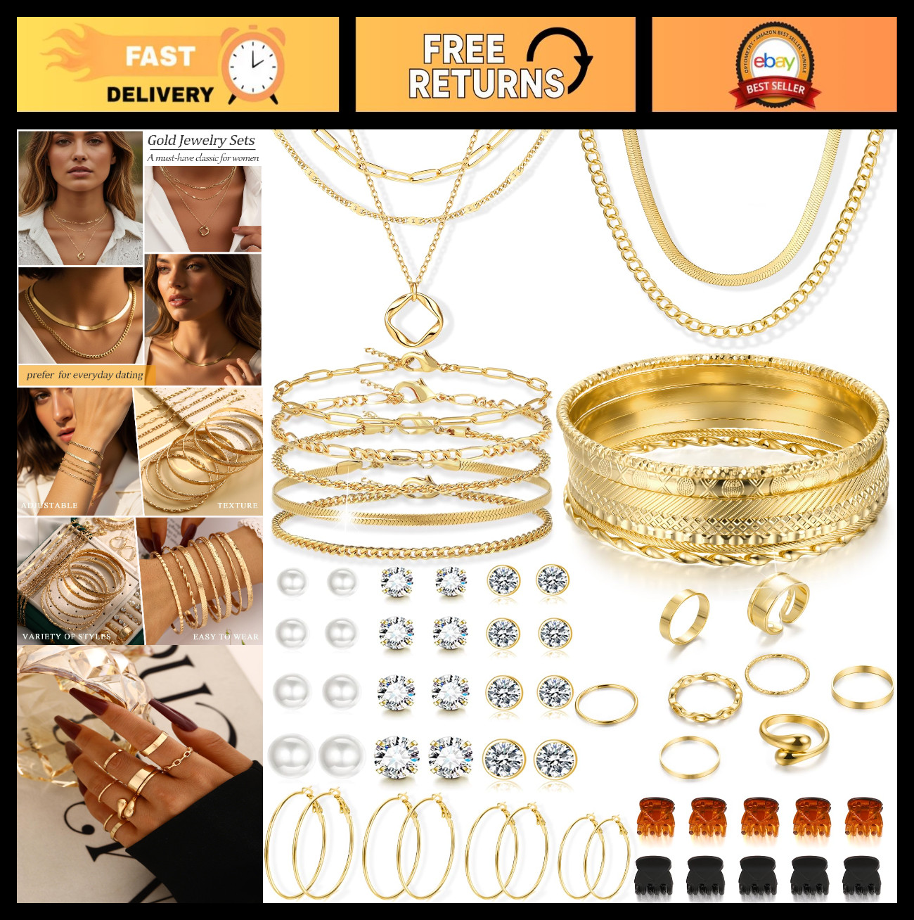 56 Pcs Gold Jewelry Set for Women – Layered Necklaces, Bracelets, Earrings & Rin