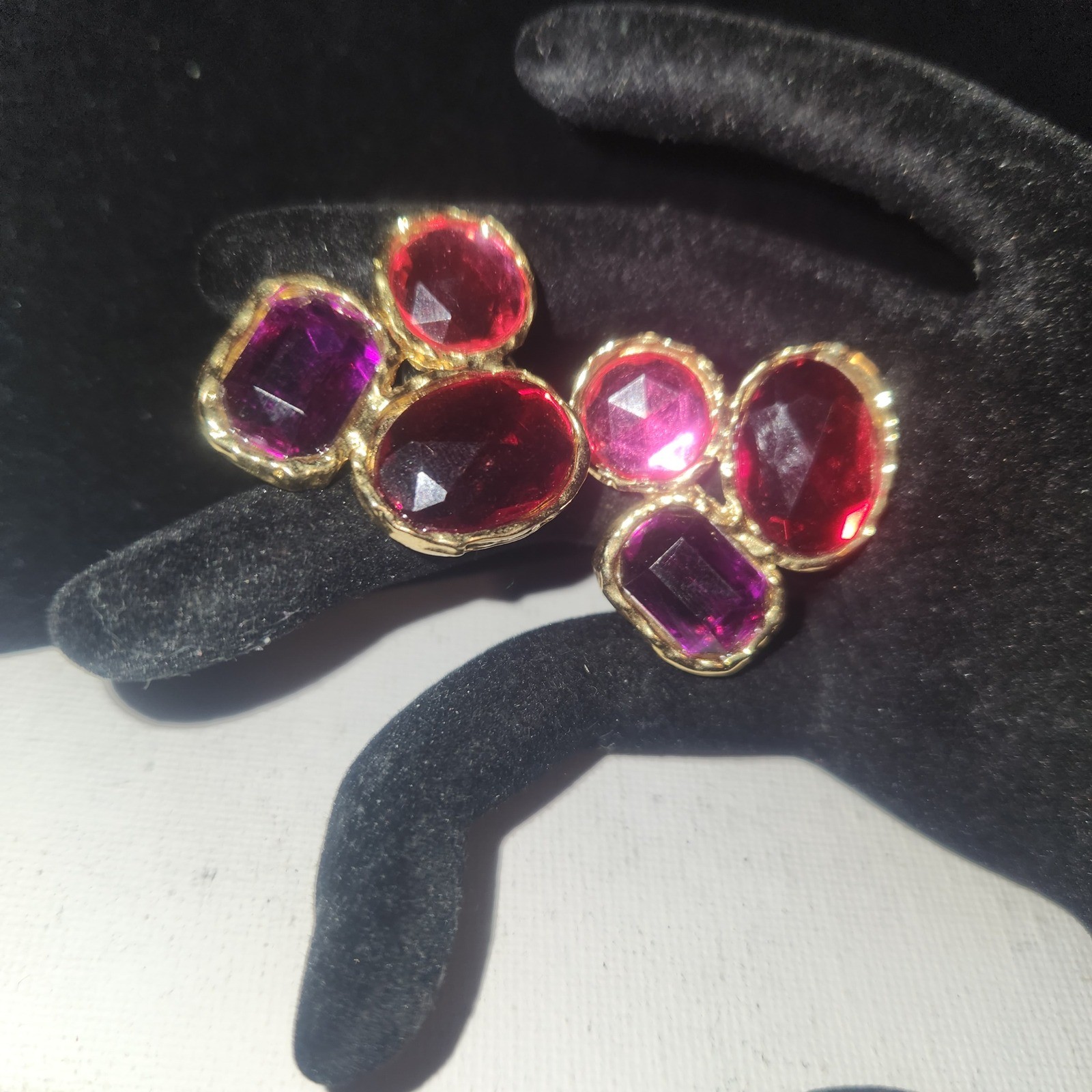 Gold Tone Red Magenta Purple Faceted Glass Cabochon Statement Post Earrings