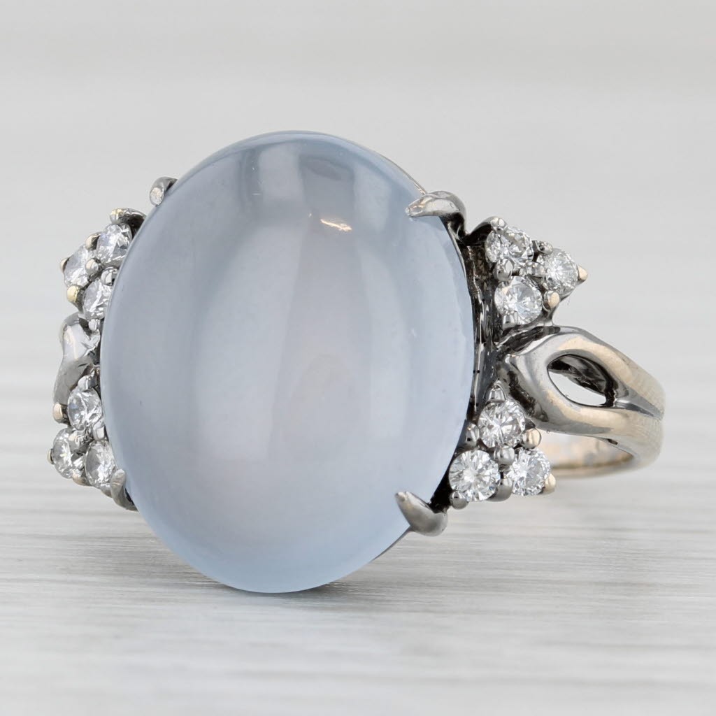 Ice Gray Jadeite Jade Ring 18k Gold Oval Cabochon 0.27ctw Diamond Sz 6.5 Papers