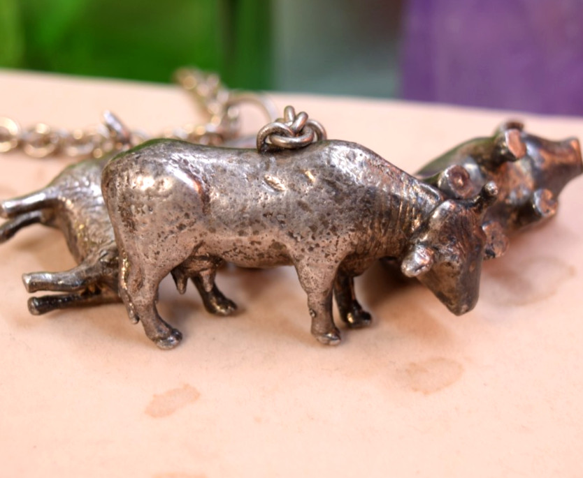 Susan Cummings Sterling Farm Animal Big Charm Pendant Necklace Cow Pig Goat 30″