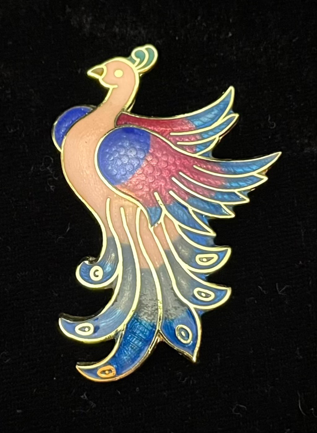 Cloisonné Peacock Brooch Paradise Bird Pink Red Green Enamel Mystical Fantasy