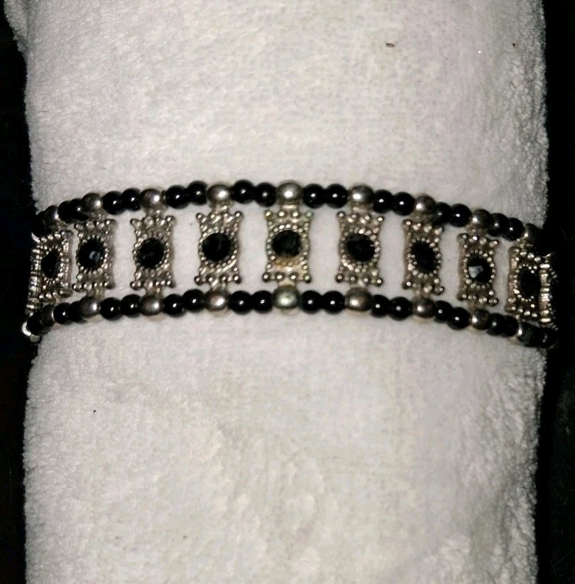 Vtg Gothic Black Beaded Panel Choker Necklace Silver Tone Victorian Rhinestone