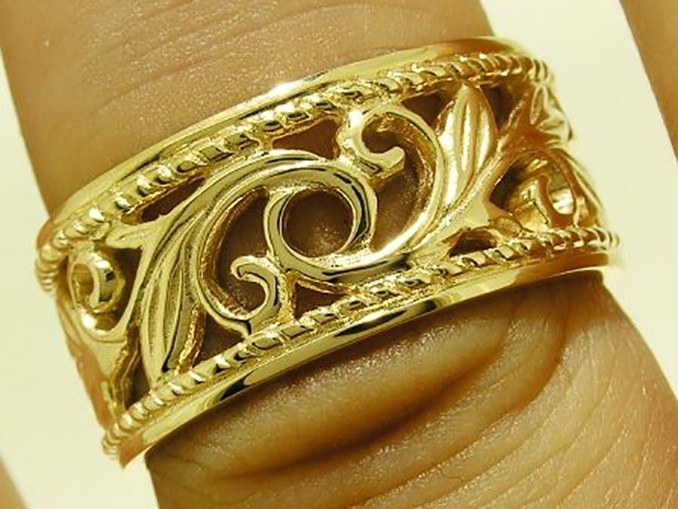 9K Solid Gold Filigree Foliage Band Ring – Wide Vintage Style, Custom Size