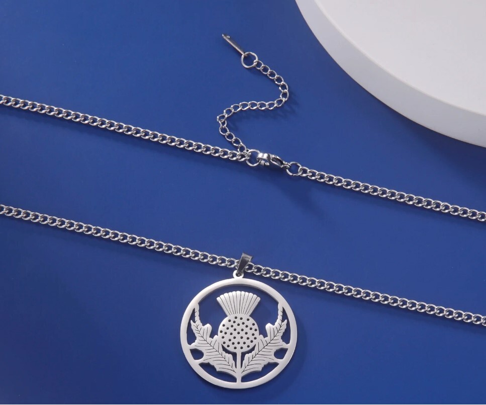 Stainless Steel Thistle Necklace with 45 cm (18 in) Curb Chain plus 5cm extender