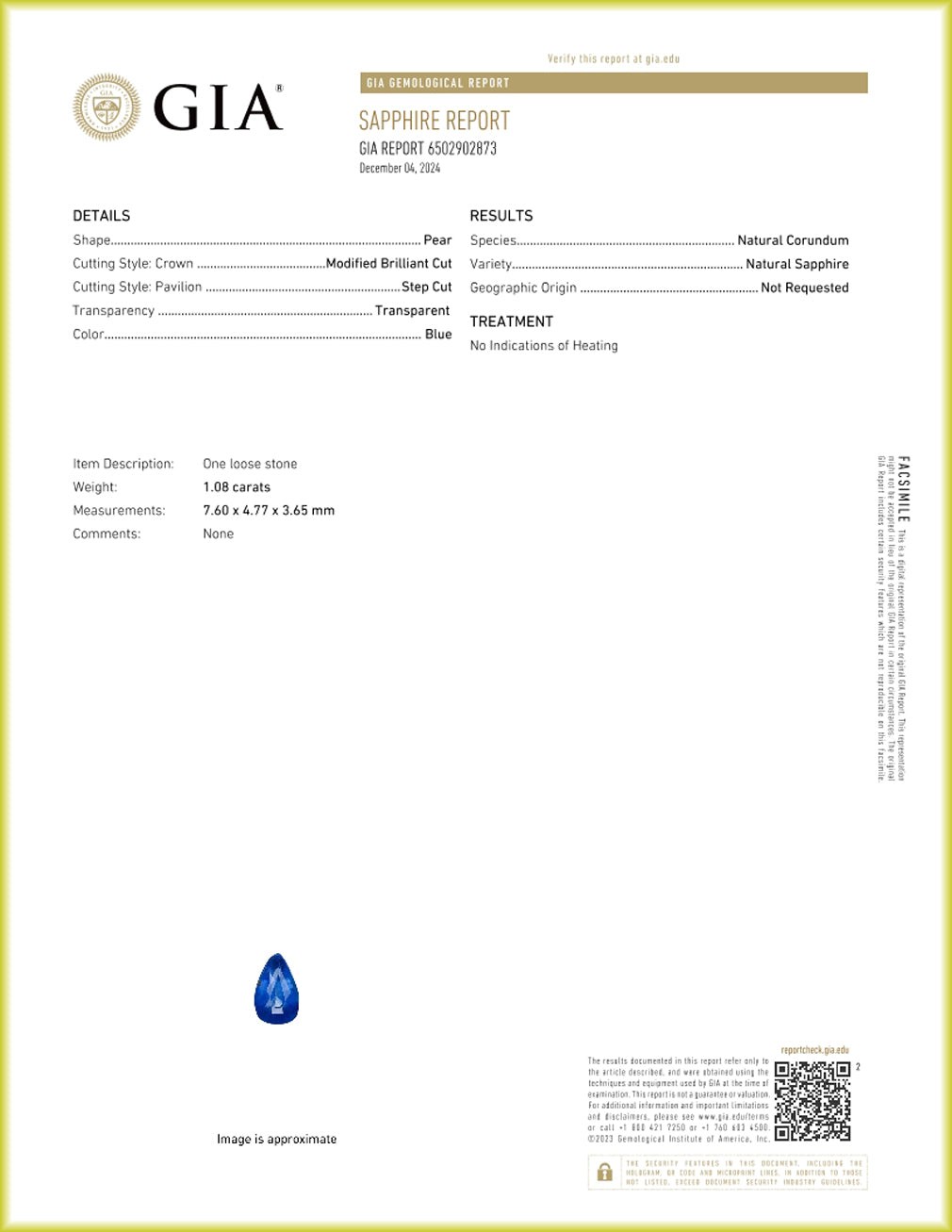 GIA Certified 1.08 ct Shimmering Pear (7.60 x 4.77 mm) Unheated Blue Sapphire
