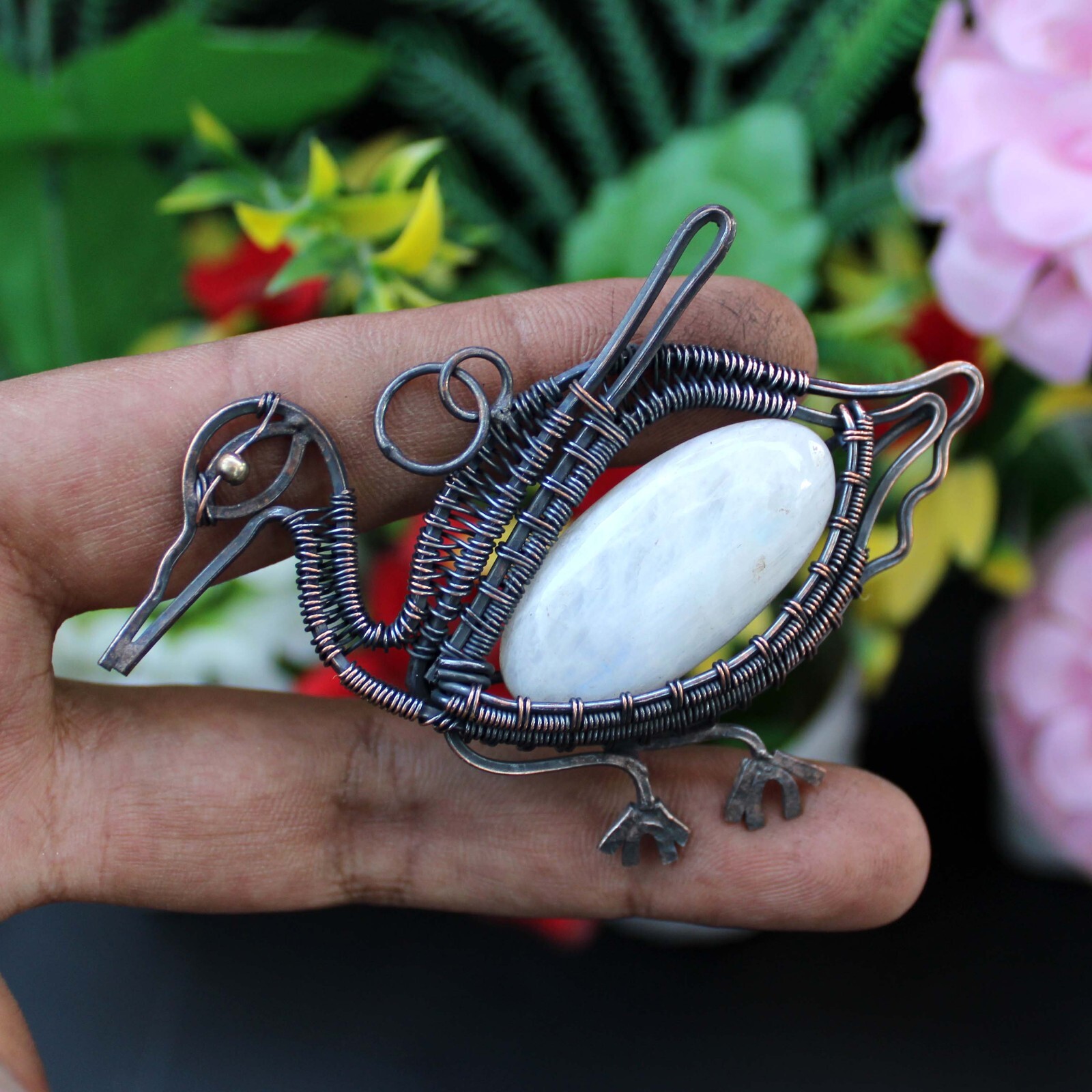 Rainbow Moonstone Jewelry Gift For Sister Copper Wire Wrapped Bird Pendant